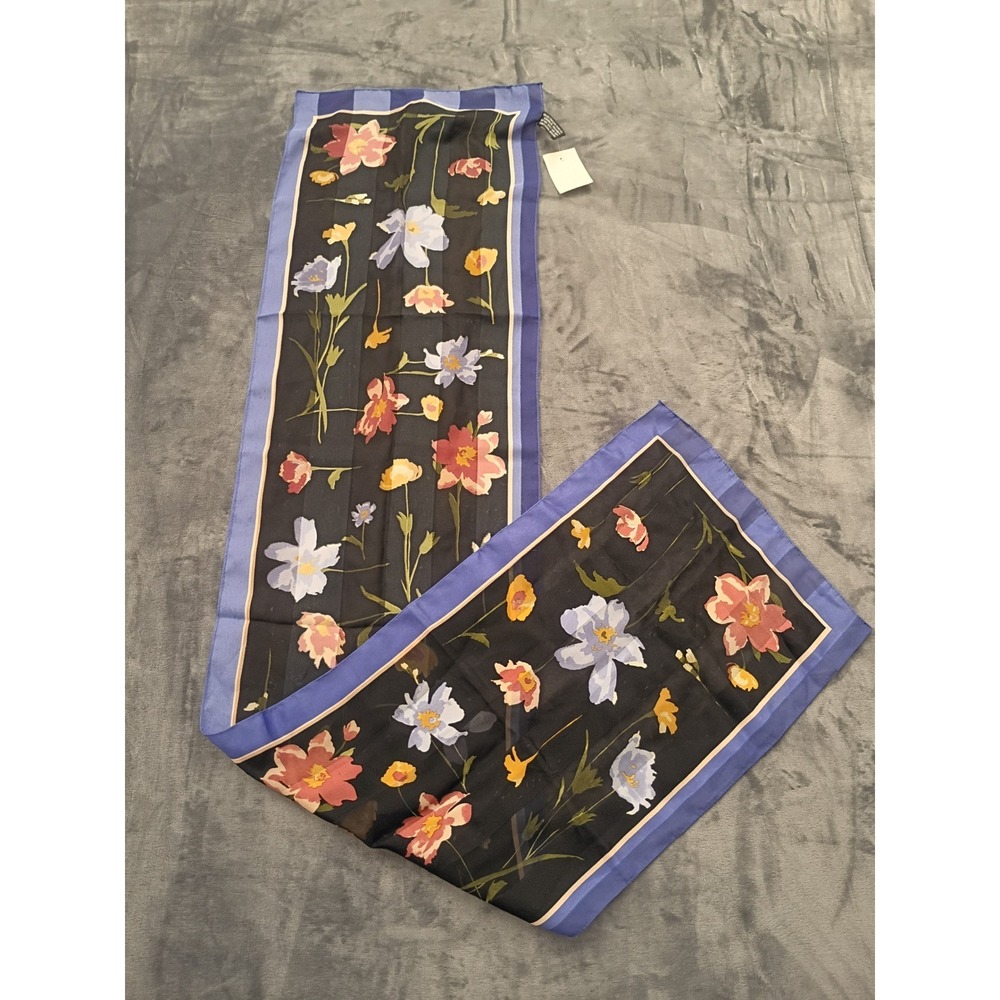 Mervyns California Floral Scarf Womens OS Black Blue Botanical Print Vintage NWT